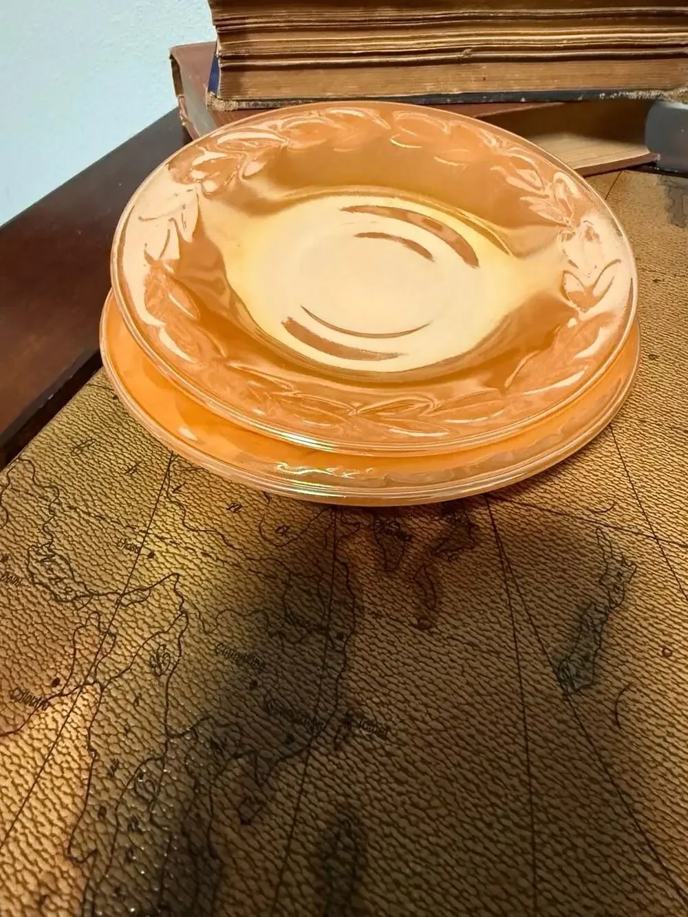 Fire-King Oven Ware Peach Lusterware Laurel Leaf Saucers, Set of 2